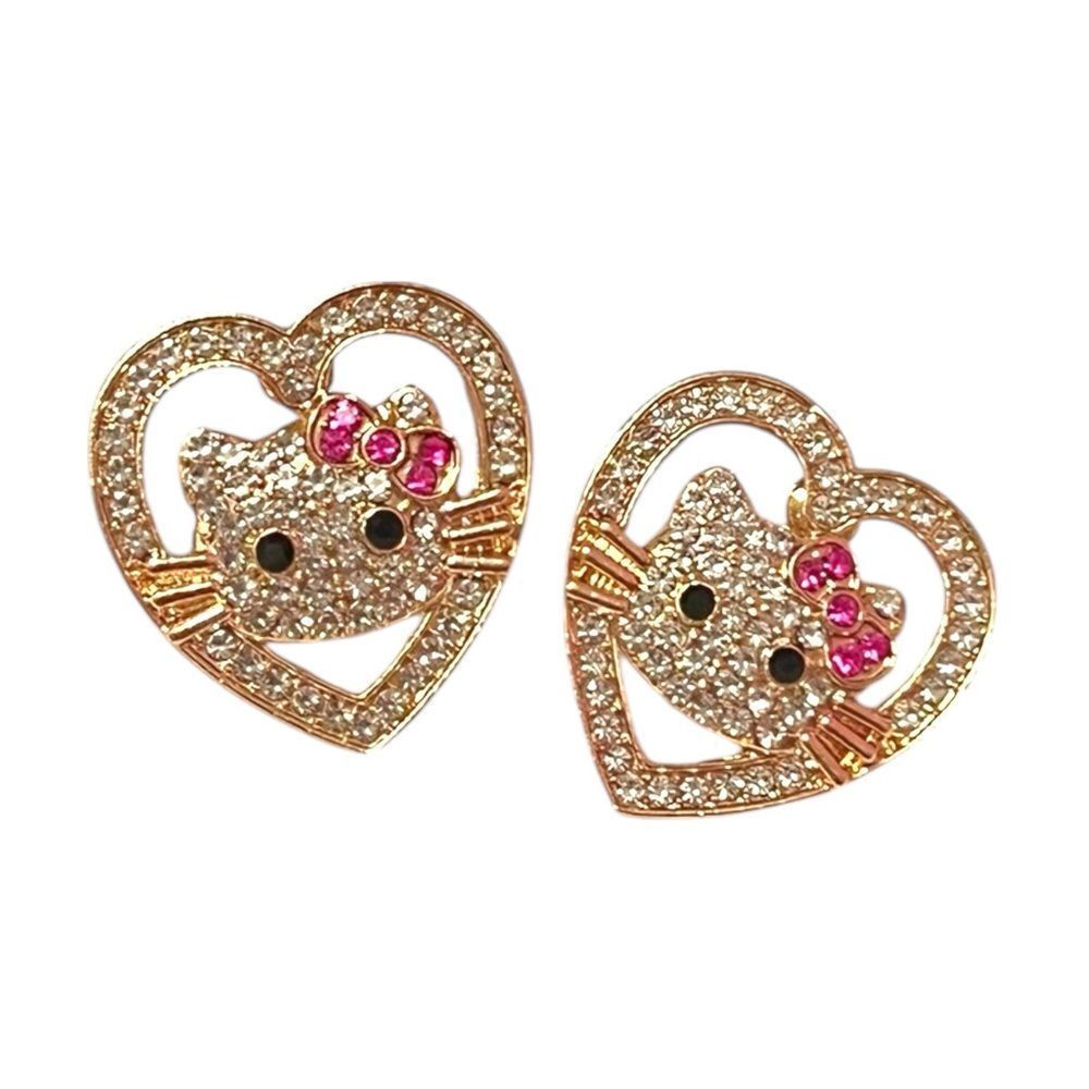 💎2/$30💎 Hello Kitty Crystal Heart Pink Bow Gold Stud Earrings
